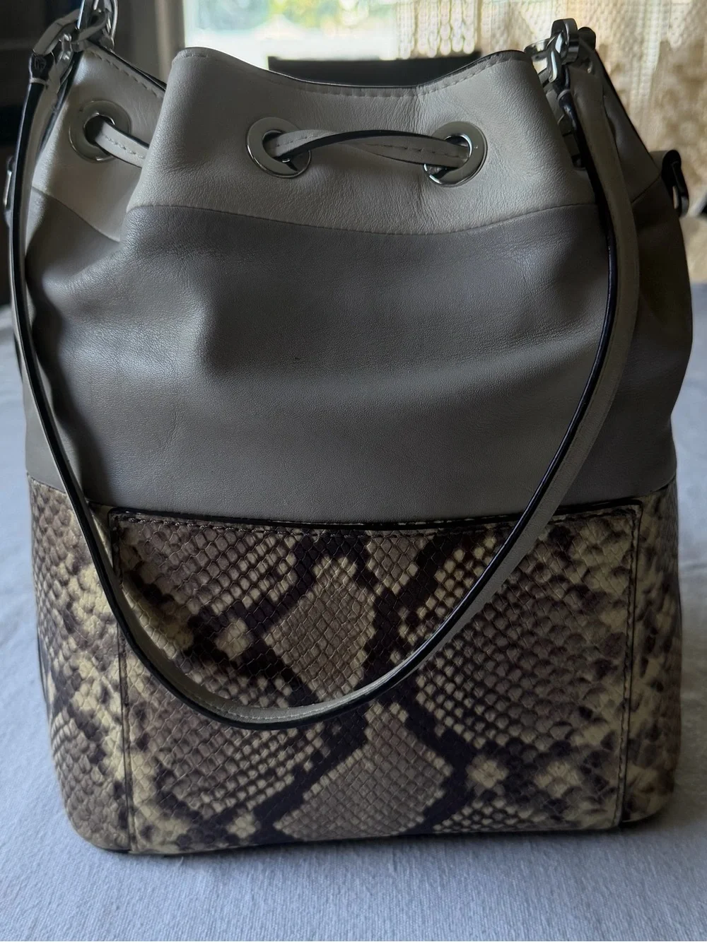 Vintage Michael Kors Two-Tone Gray Leather & Snake-Print Drawstring Shoulder Bag